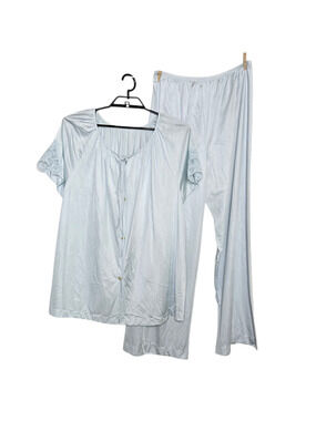 Womens Vintage Lorraine Pajama Set Size 1X Plus Blue Nylon Pants Shirt